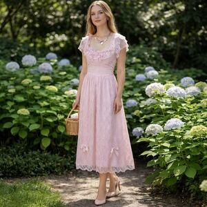 Vintage Pink Lace Sweetheart Neckline Dress with Short Sleeves Size 5/6